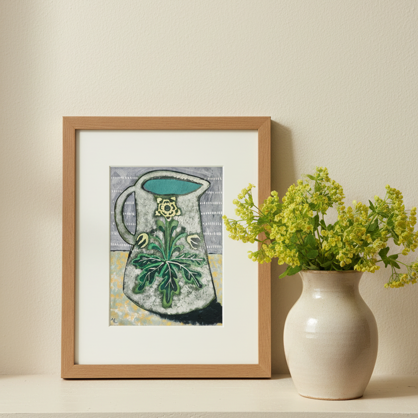 Framed artwork of a pitcher on a shelf with a vase of flowers.