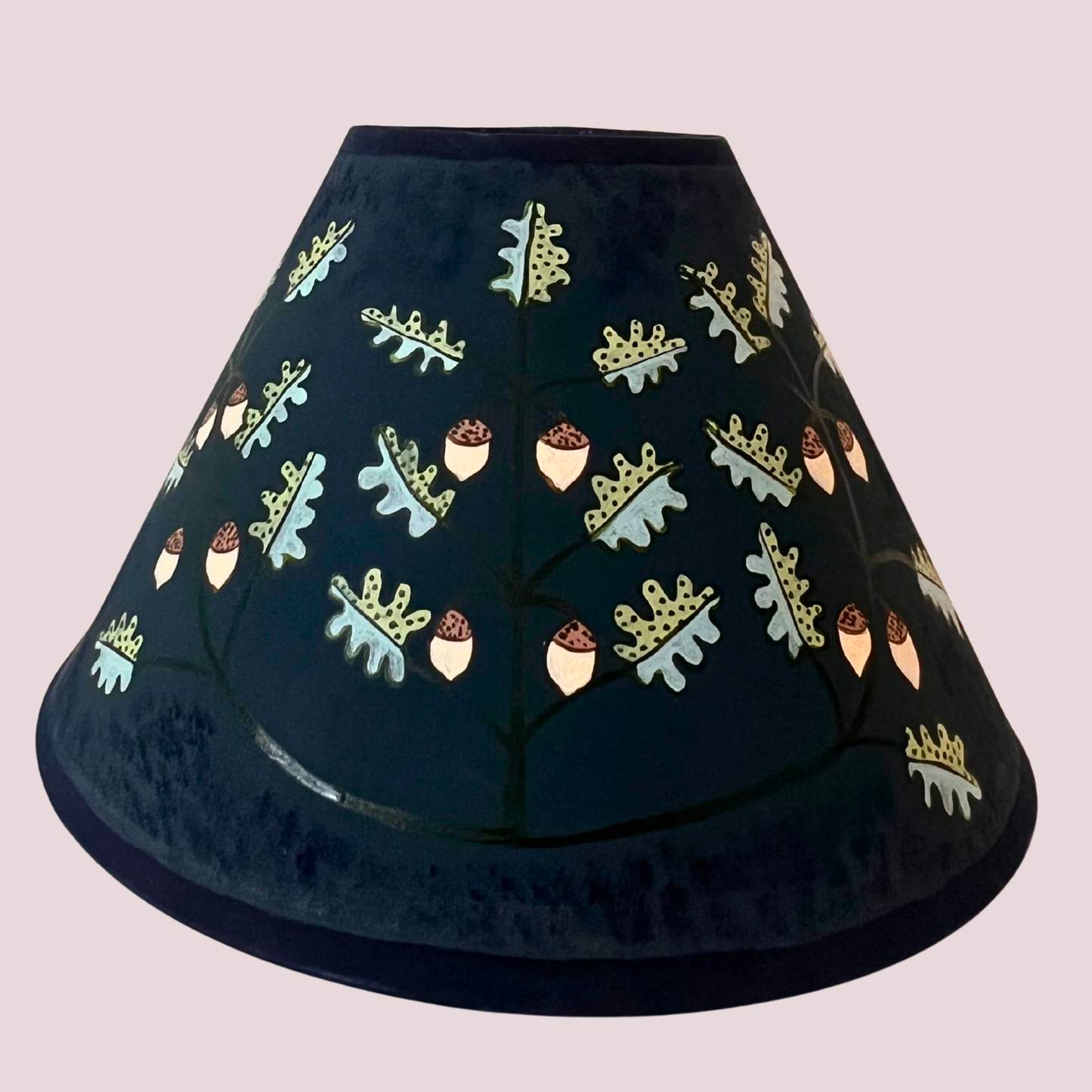 Hand-Painted Oak & Acorn Lampshade in Deep Blue – Folk Art Inspired