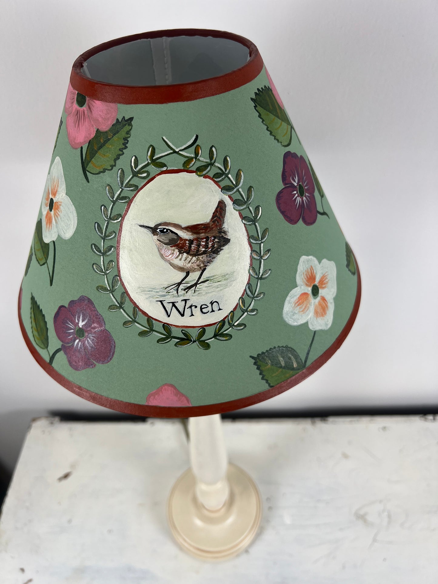 Hand-Painted Wren Lampshade – One-Off Folk Art & Natural History Design