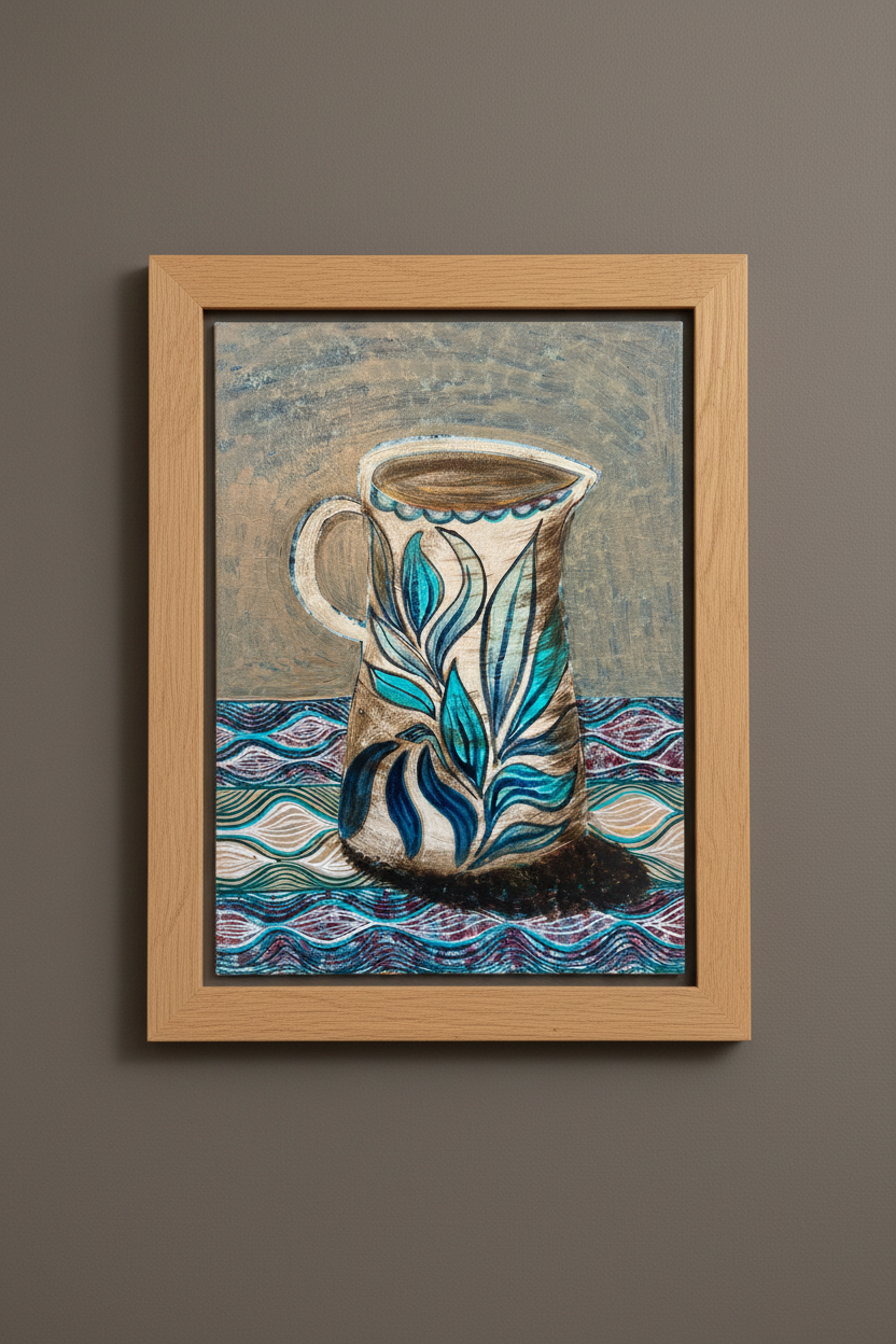 Blue Leaves Jug on a patterned cloth - Original Painting