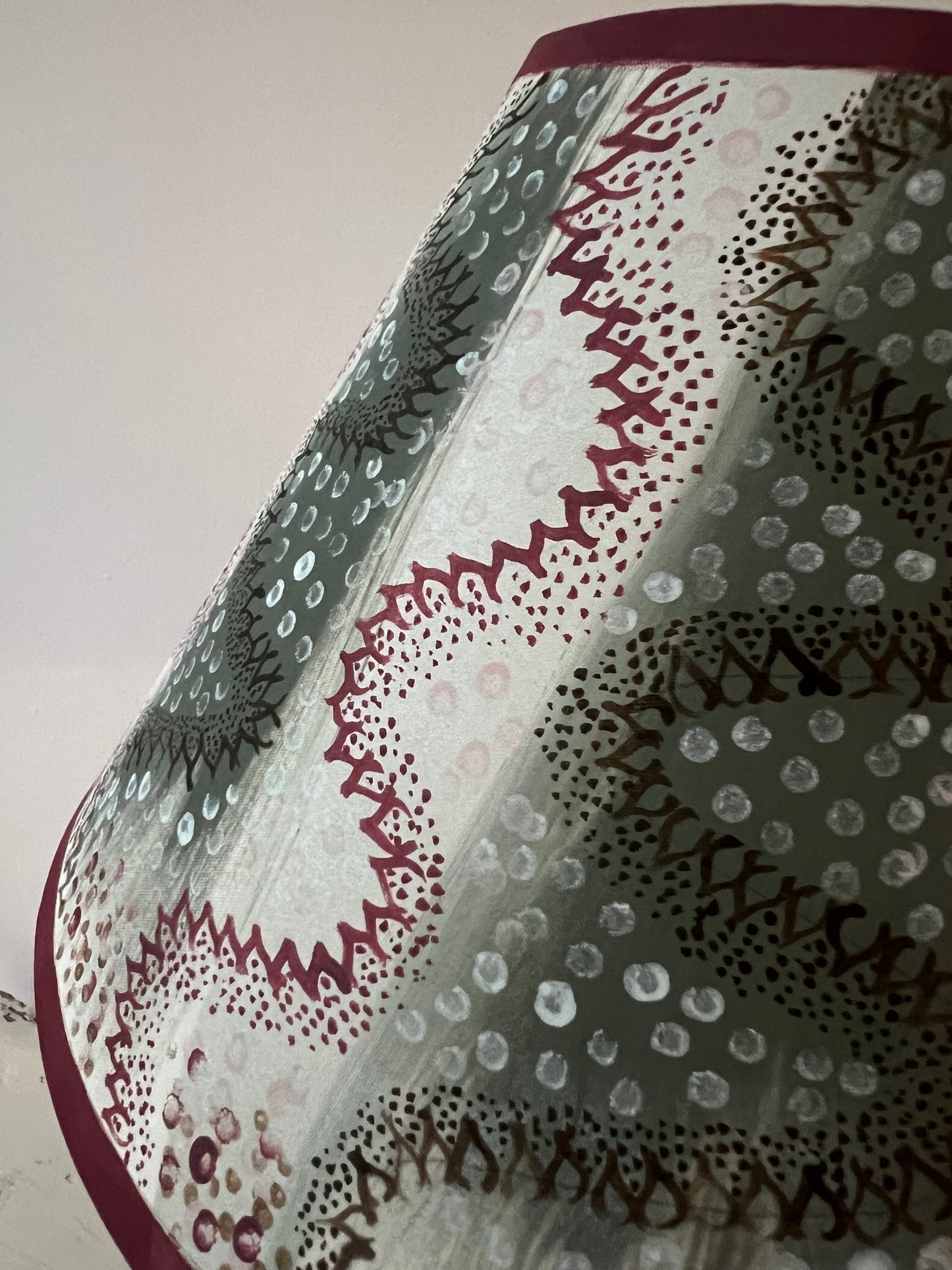 Painterly Folk Pattern Lampshade – Soft Green & Madder Red