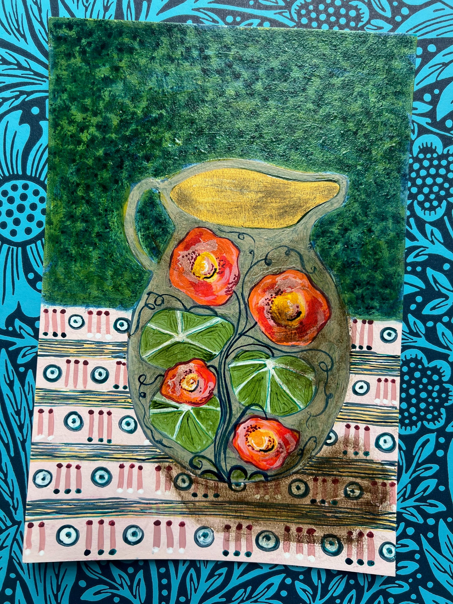 Jug with Nasturtiums on a patterned cloth - Original Painting