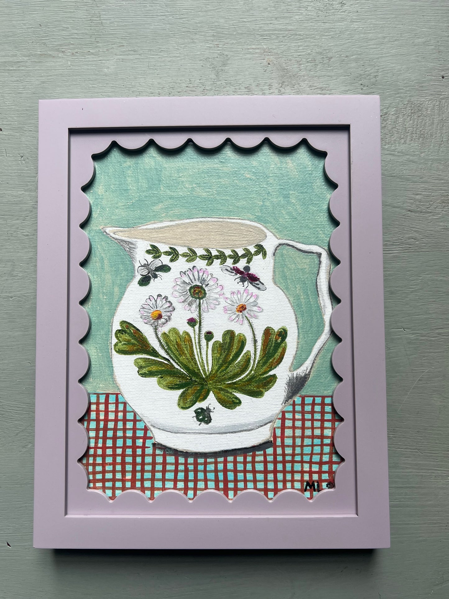 Original acrylic painting of a white jug decorated with daisies and beetles on a red checked surface against a pale aqua background, painted on 6 x 8 inch canvas board.
