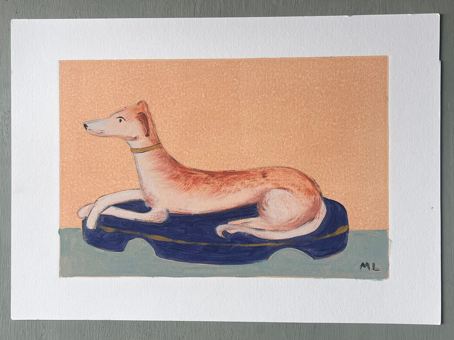 Original Staffordshire greyhound painting on a monoprint background by Melanie Lewis Home. Inspired by antique pottery figures and English interiors.