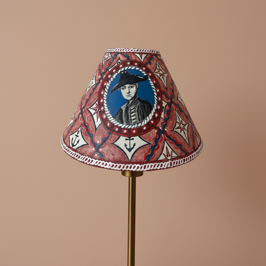 Decorative lampshade with a portrait design on a beige background