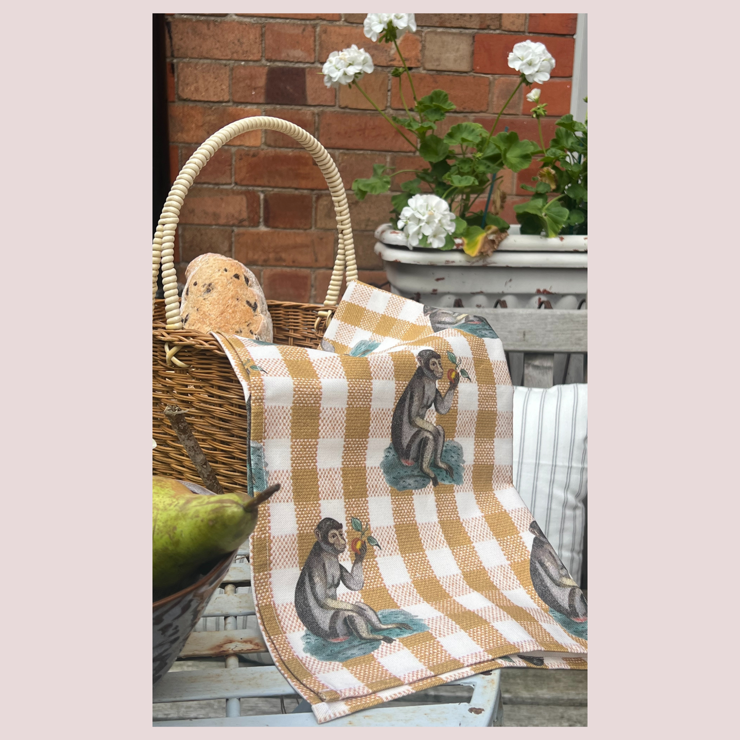 Gingham Monkey Tea Towel