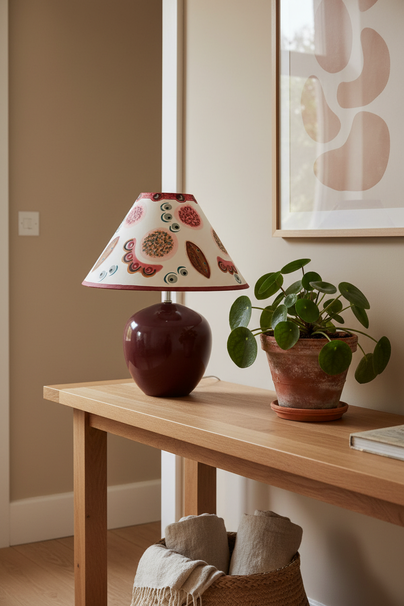 Hand-Painted Decorative Lampshade – Painterly Folk Motif in Blush & Ochre