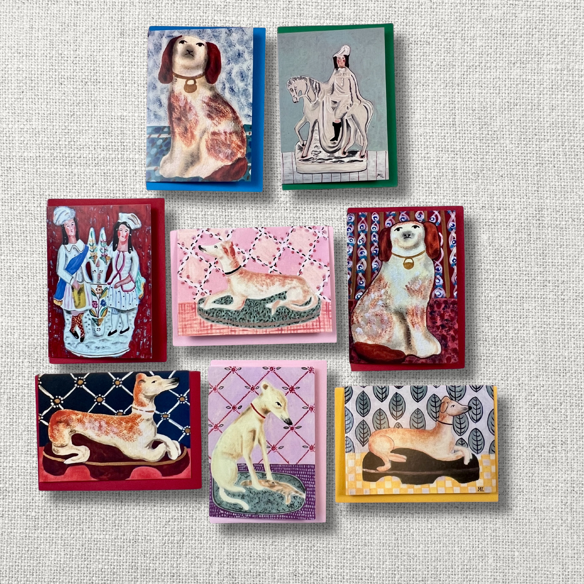 set of eight greeting cards depicting staffordshire pottery figures of dogs, a horseman and a couple.  folk art style paintings by melanie lewis