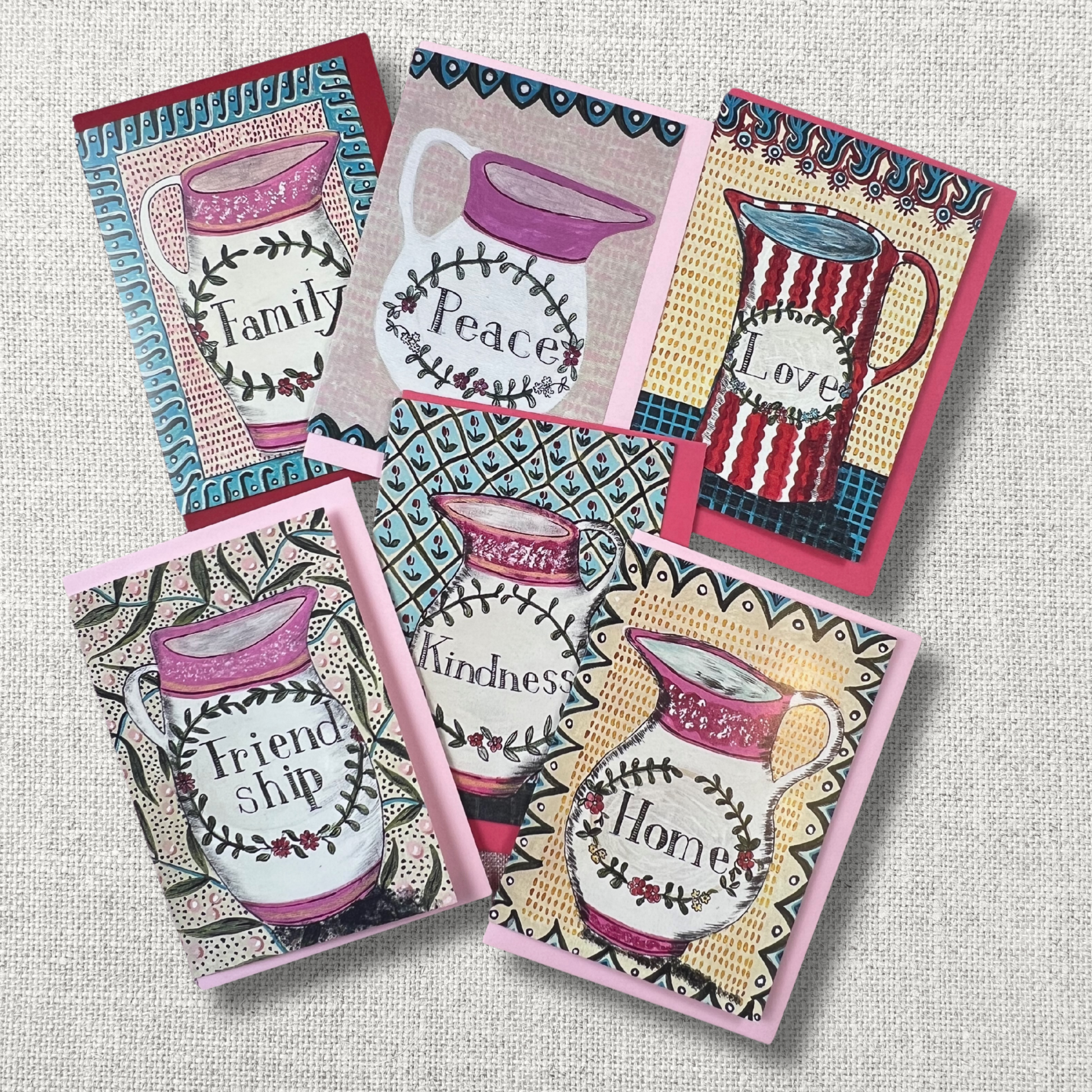 folk art greeting card set featuring sunderland lustreware jugs each bearing a personal value - family, peace, love, friendship, kindness, home by melanie lewis