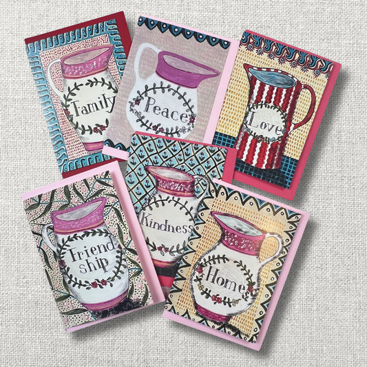 folk art greeting card set featuring sunderland lustreware jugs each bearing a personal value - family, peace, love, friendship, kindness, home by melanie lewis