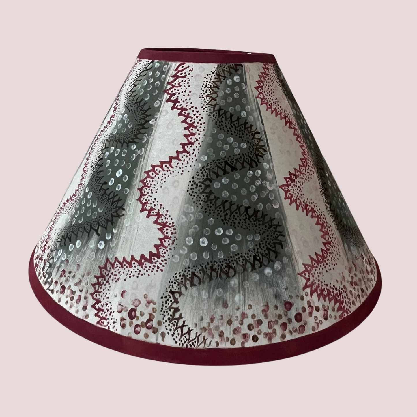Painterly Folk Pattern Lampshade – Soft Green & Madder Red