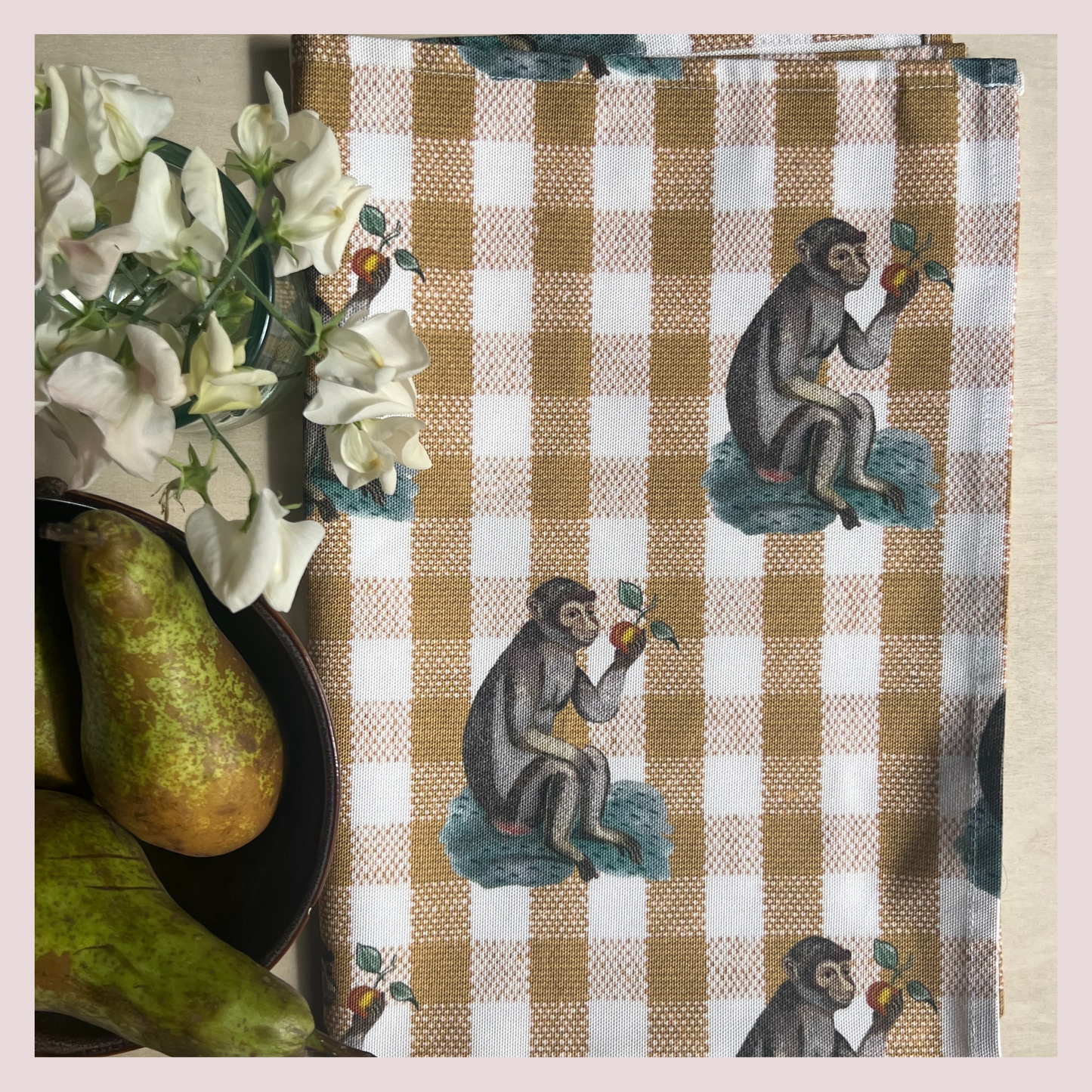 Gingham Monkey Tea Towel