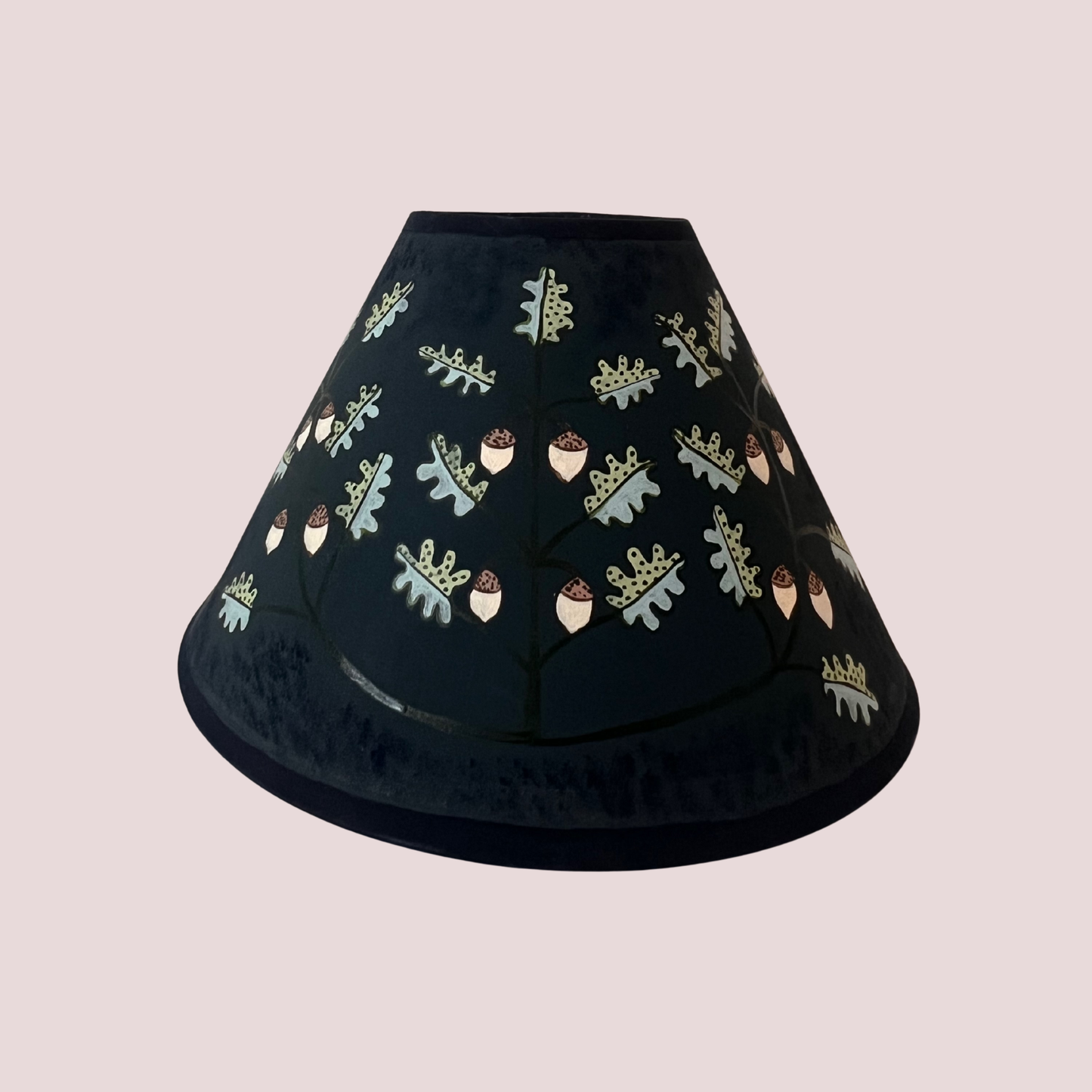 Hand-Painted Oak & Acorn Lampshade in Deep Blue – Folk Art Inspired