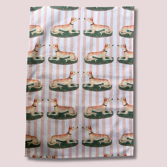 Pink Stripy Greyhounds Tea Towel