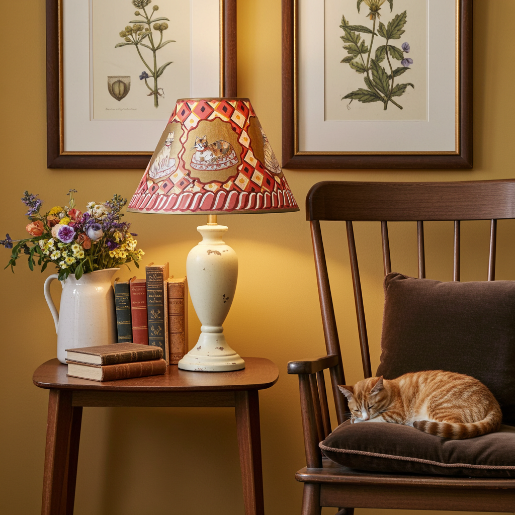 Hand-Painted Folk Art Lampshade with Cats – A One-Off Decorative Statement