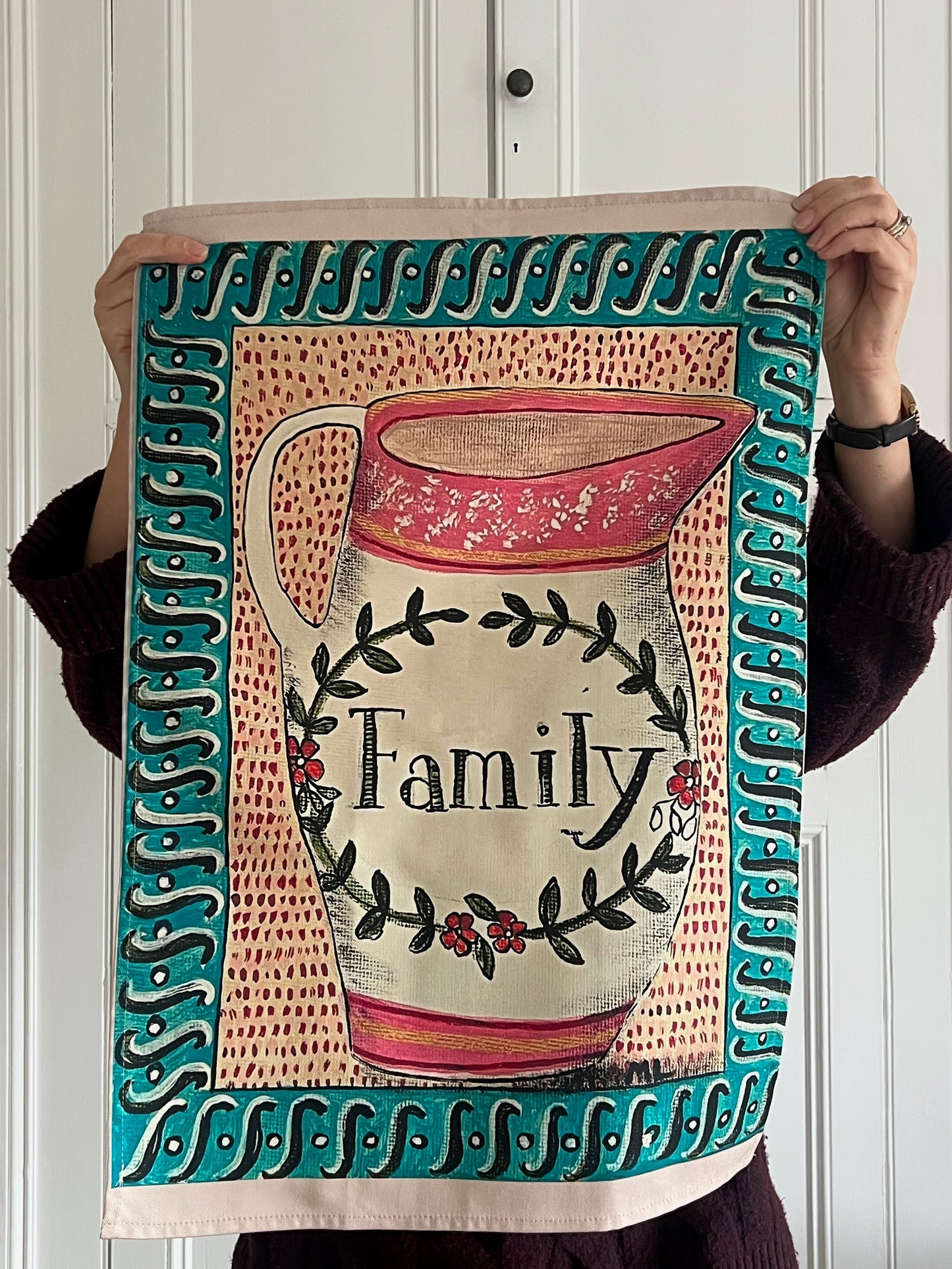 Family Jug Tea Towel – Folk Art Collection - SAMPLE