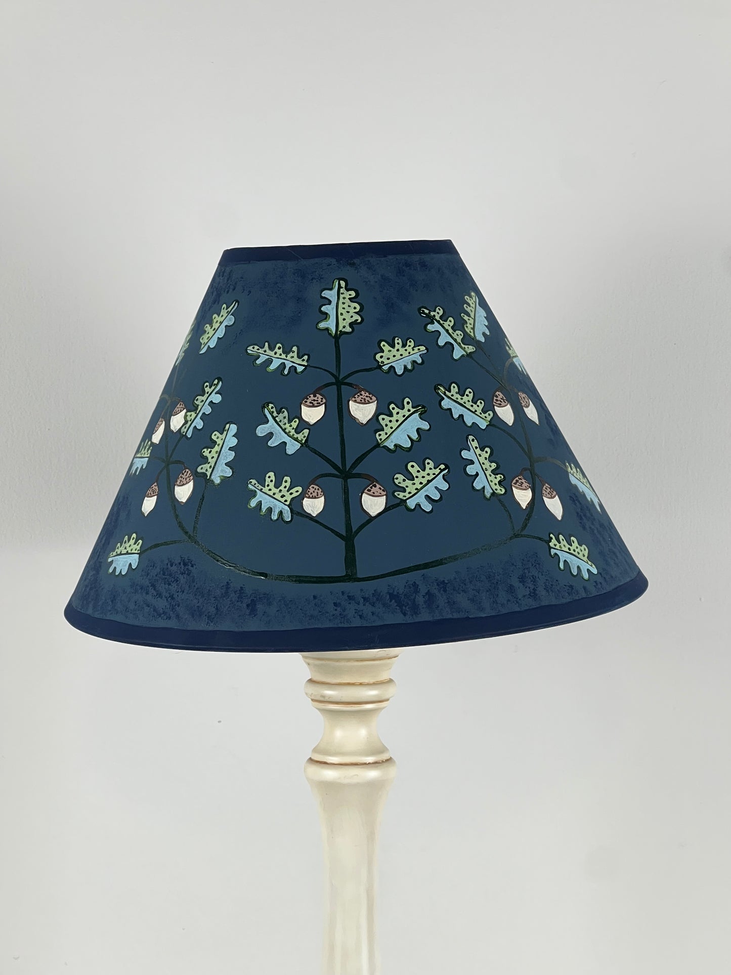 Hand-Painted Oak & Acorn Lampshade in Deep Blue – Folk Art Inspired