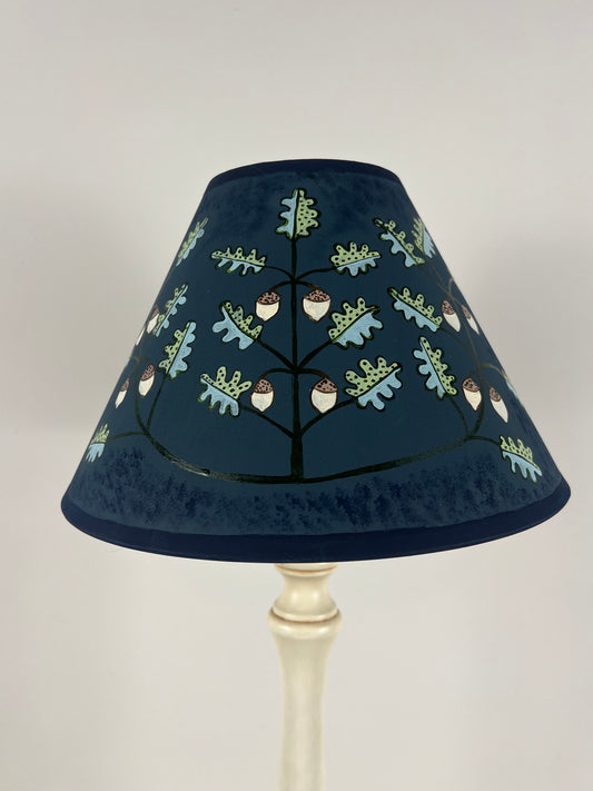 Hand-Painted Oak & Acorn Lampshade in Deep Blue – Folk Art Inspired