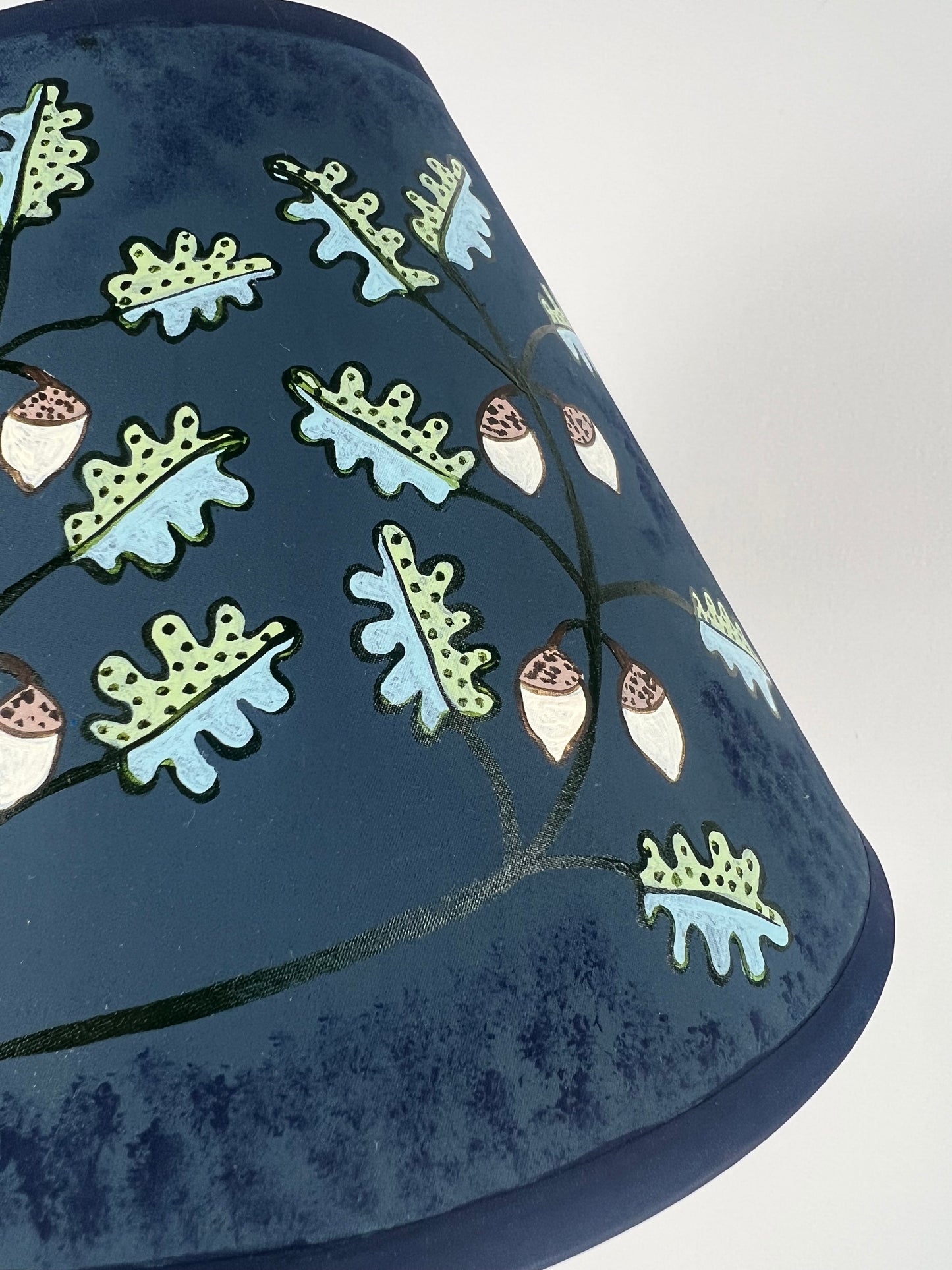 Hand-Painted Oak & Acorn Lampshade in Deep Blue – Folk Art Inspired