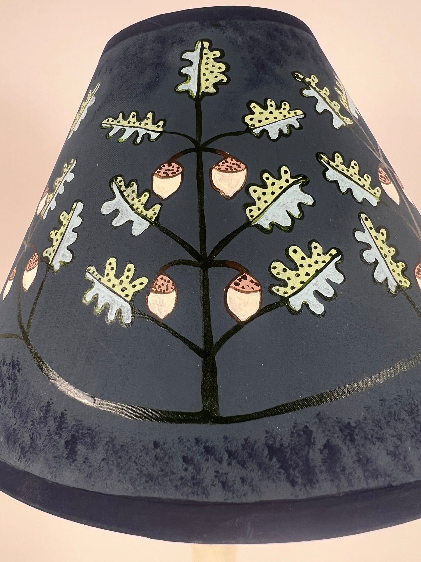 Hand-Painted Oak & Acorn Lampshade in Deep Blue – Folk Art Inspired