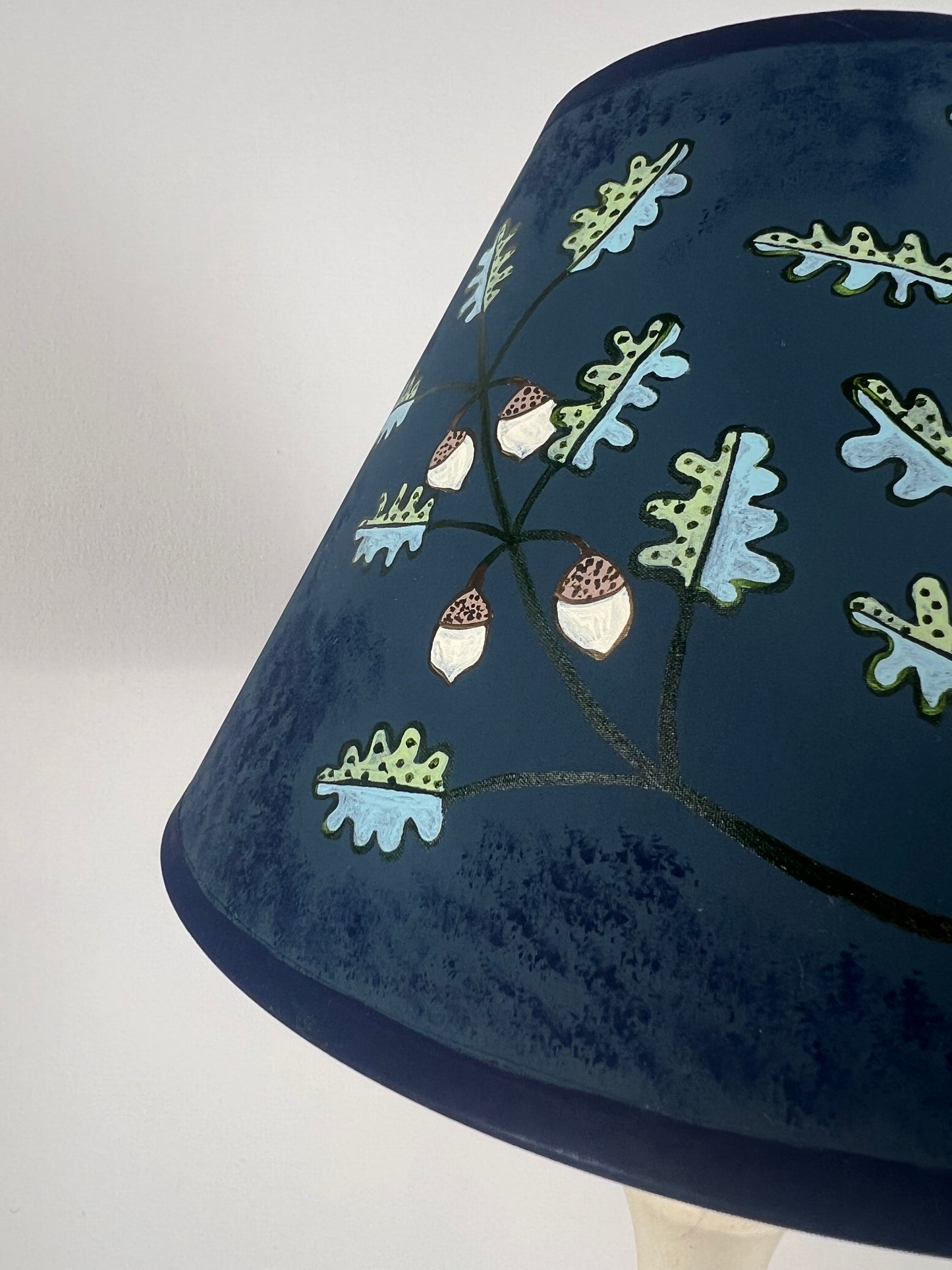 Hand-Painted Oak & Acorn Lampshade in Deep Blue – Folk Art Inspired
