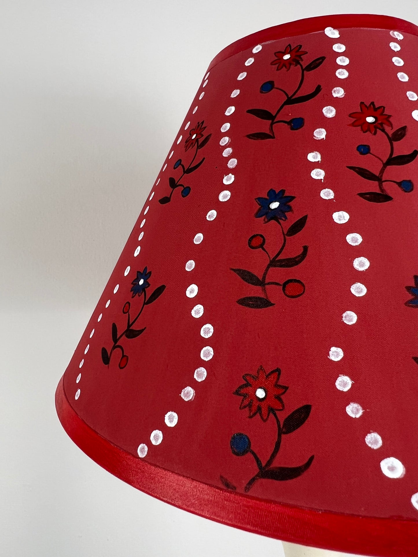 Hand-Painted Floral Folk Art Lampshade – One-Off Red Patterned Design