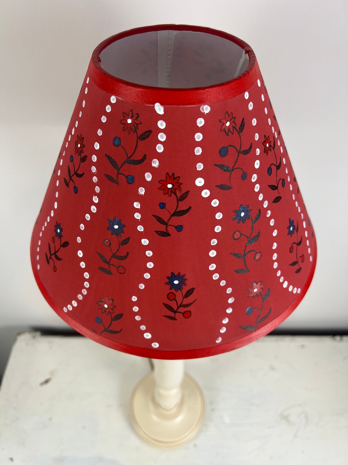 Hand-Painted Floral Folk Art Lampshade – One-Off Red Patterned Design