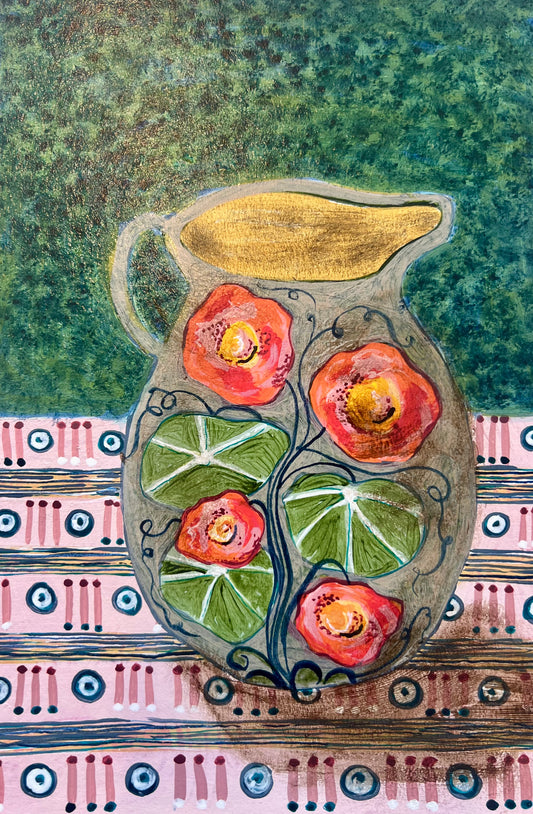 Jug with Nasturtiums on a patterned cloth -  Original Painting