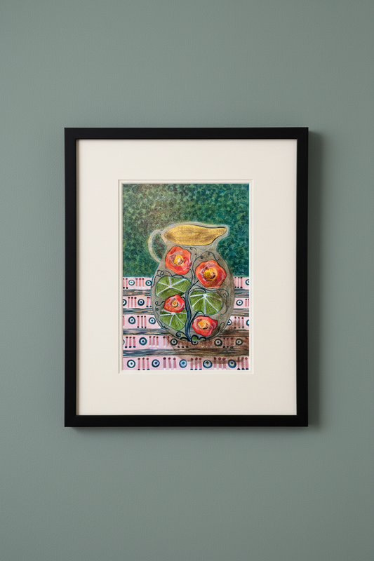 Jug with Nasturtiums on a patterned cloth -  Original Painting