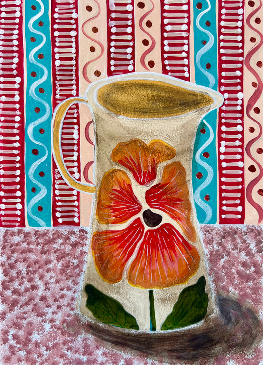 Pansy Jug with Stripy Wallpaper - Original Painting
