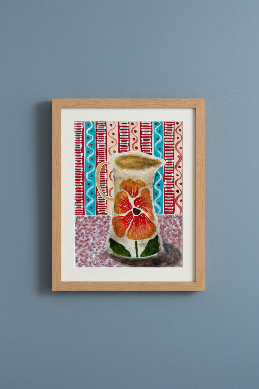 Pansy Jug with Stripy Wallpaper - Original Painting