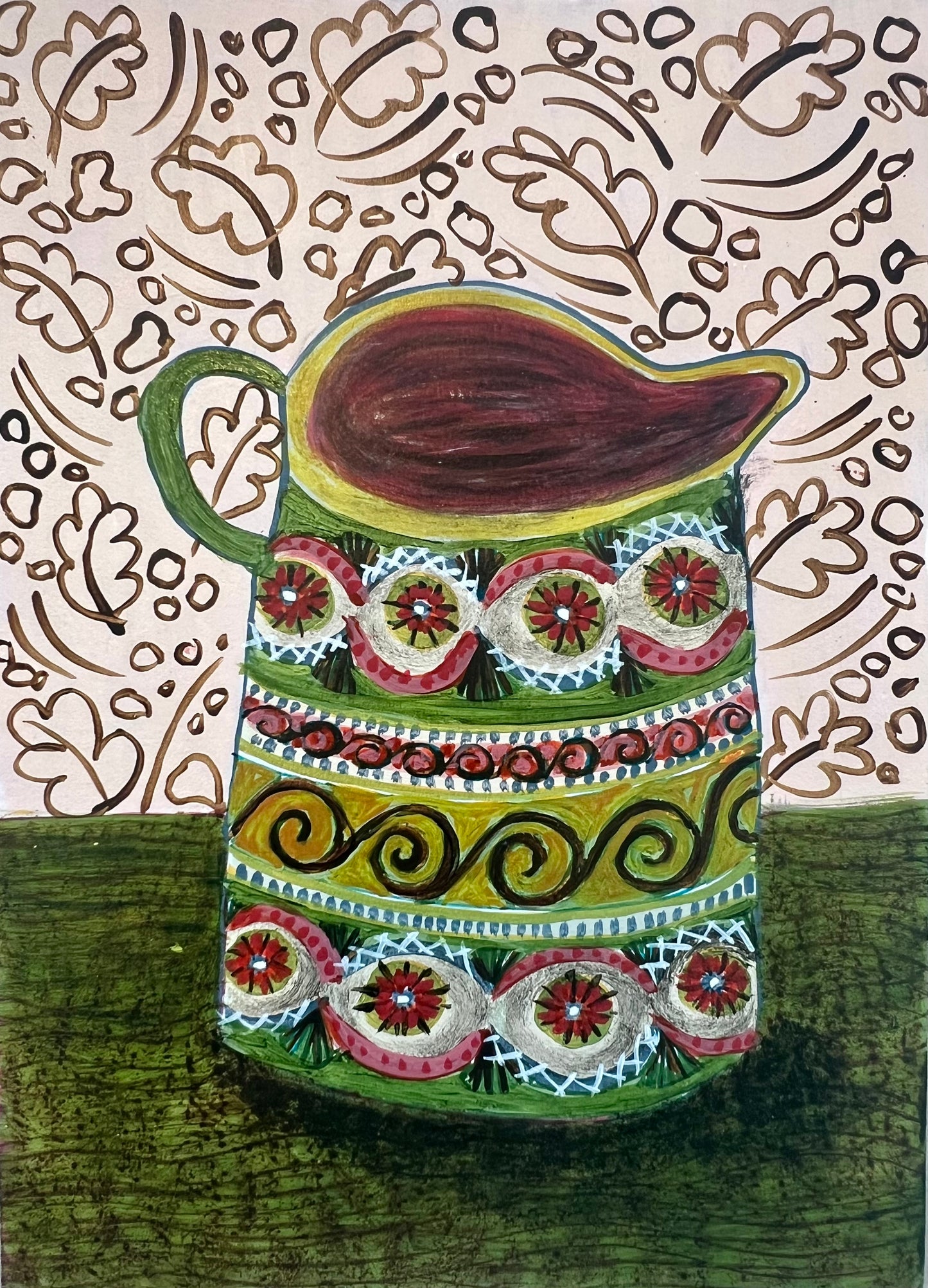 Spanish Jug against a pink patterned wallpaper - Original Painting