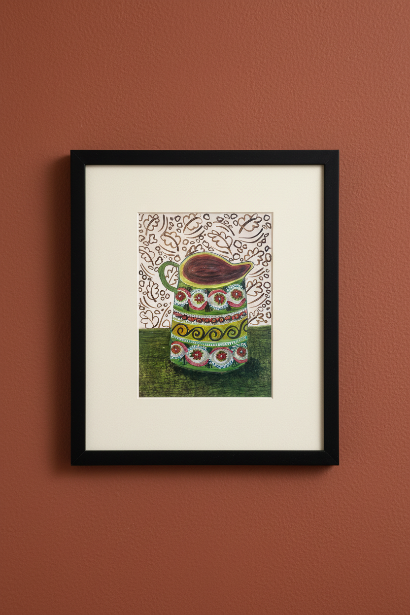 Spanish Jug against a pink patterned wallpaper - Original Painting