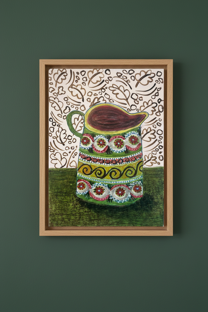 Spanish Jug against a pink patterned wallpaper - Original Painting