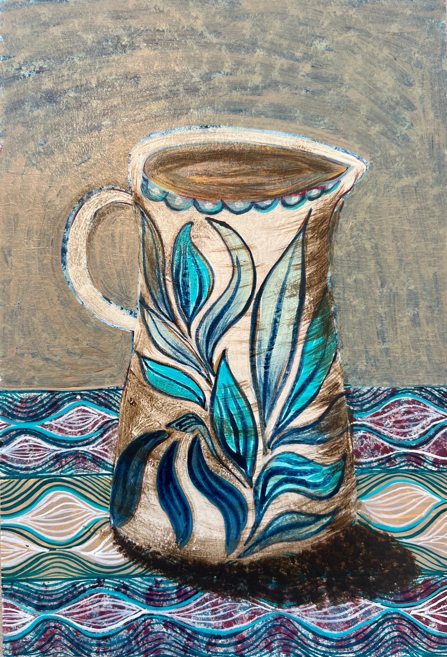 Blue Leaves Jug on a patterned cloth - Original Painting