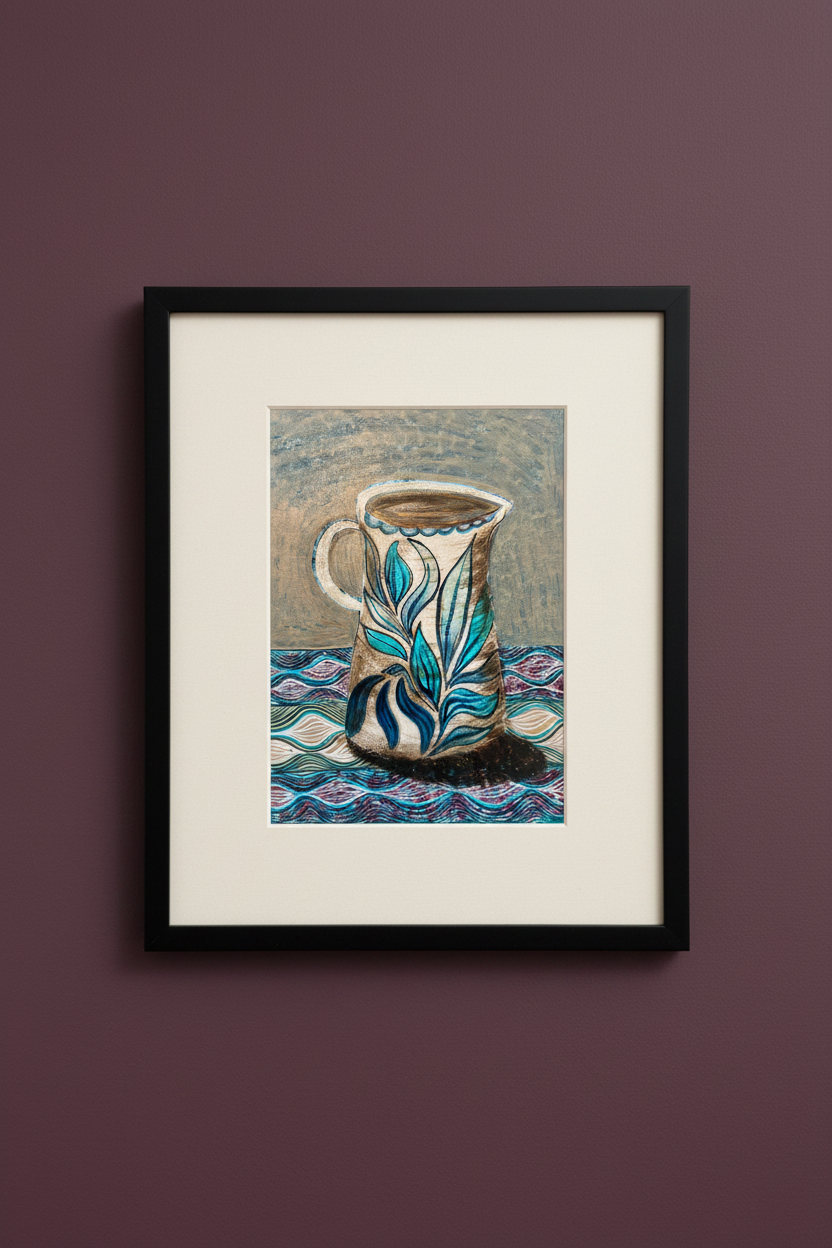 Blue Leaves Jug on a patterned cloth - Original Painting