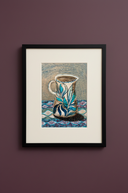 Blue Leaves Jug on a patterned cloth - Original Painting