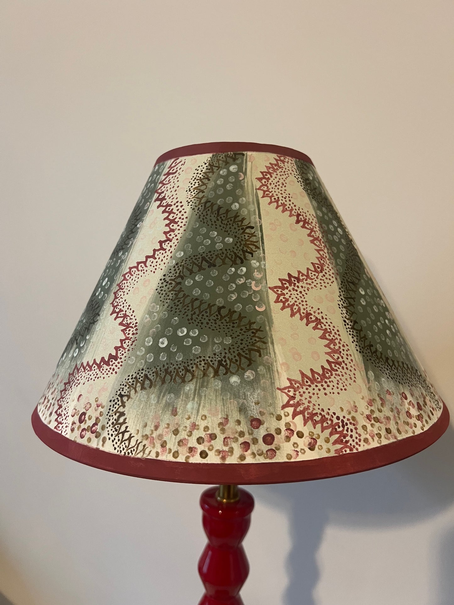 Painterly Folk Pattern Lampshade – Soft Green & Madder Red