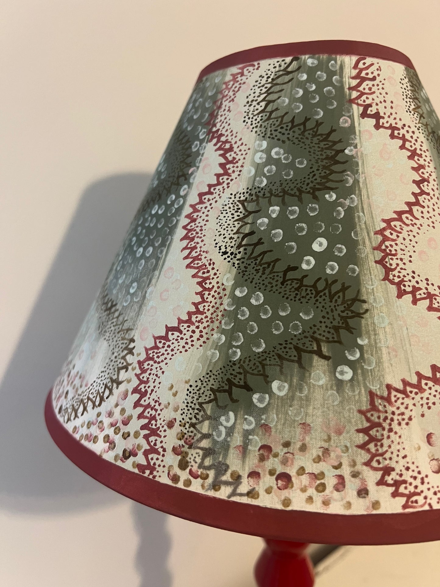Painterly Folk Pattern Lampshade – Soft Green & Madder Red