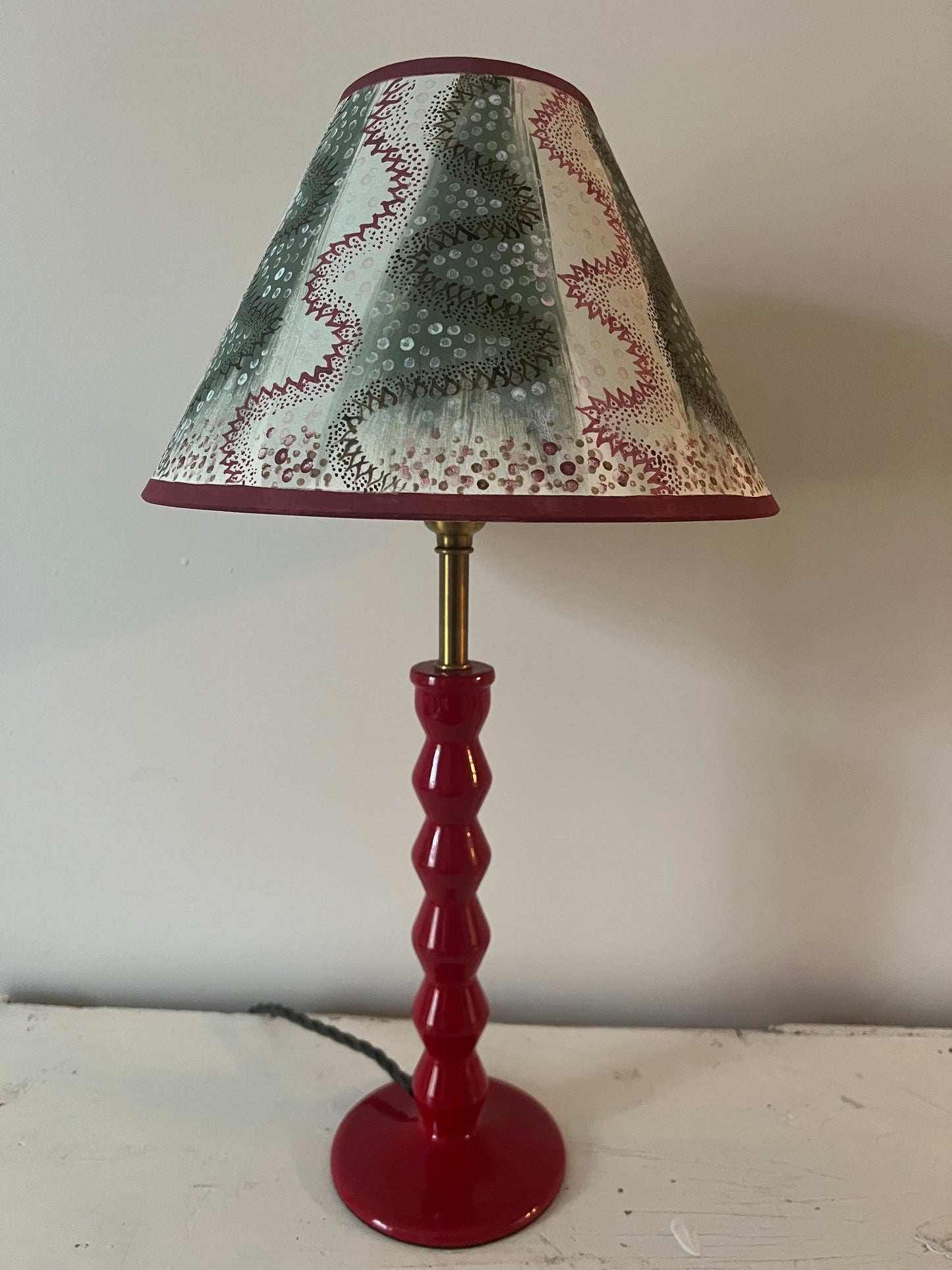 Painterly Folk Pattern Lampshade – Soft Green & Madder Red
