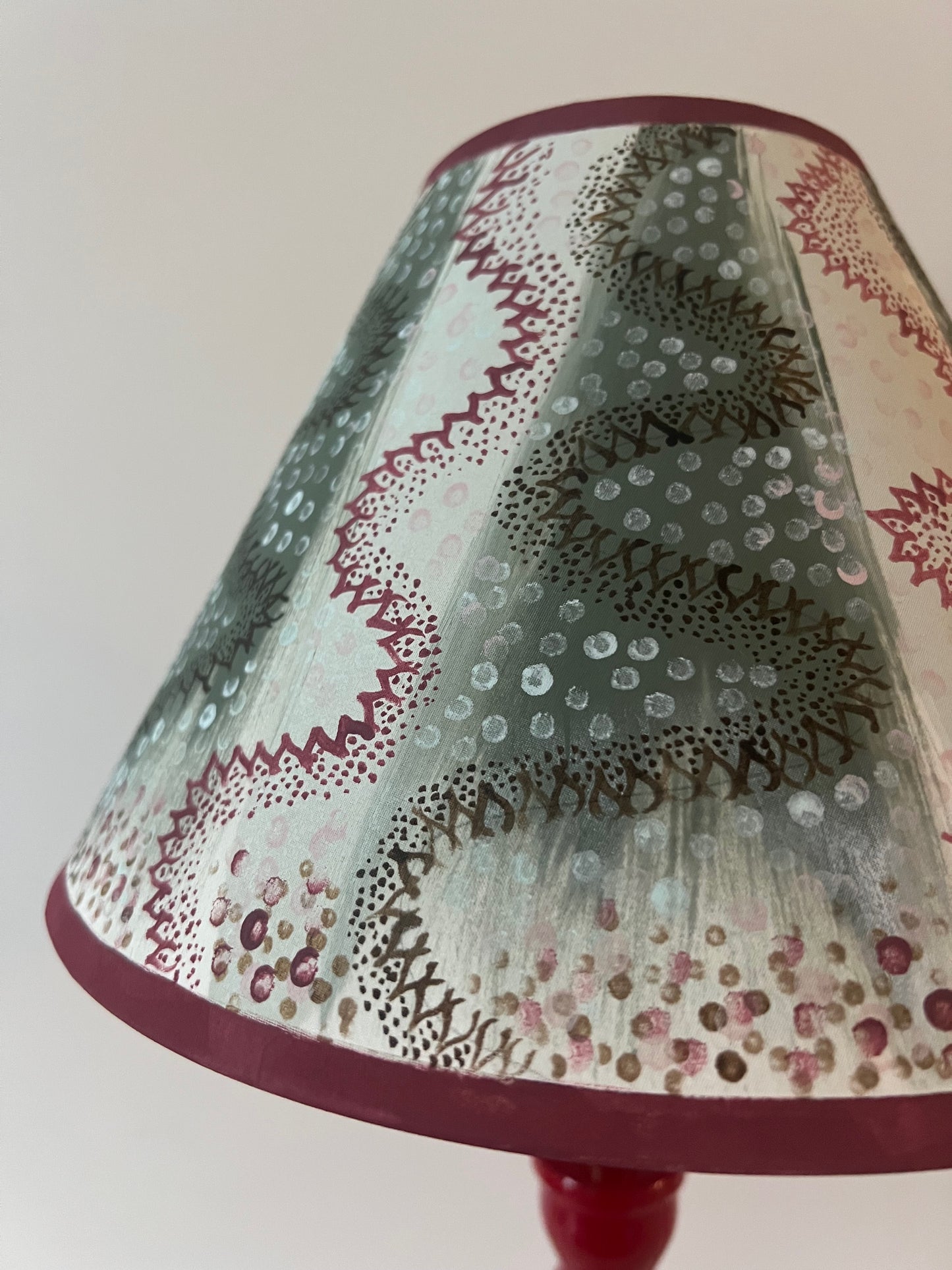 Painterly Folk Pattern Lampshade – Soft Green & Madder Red