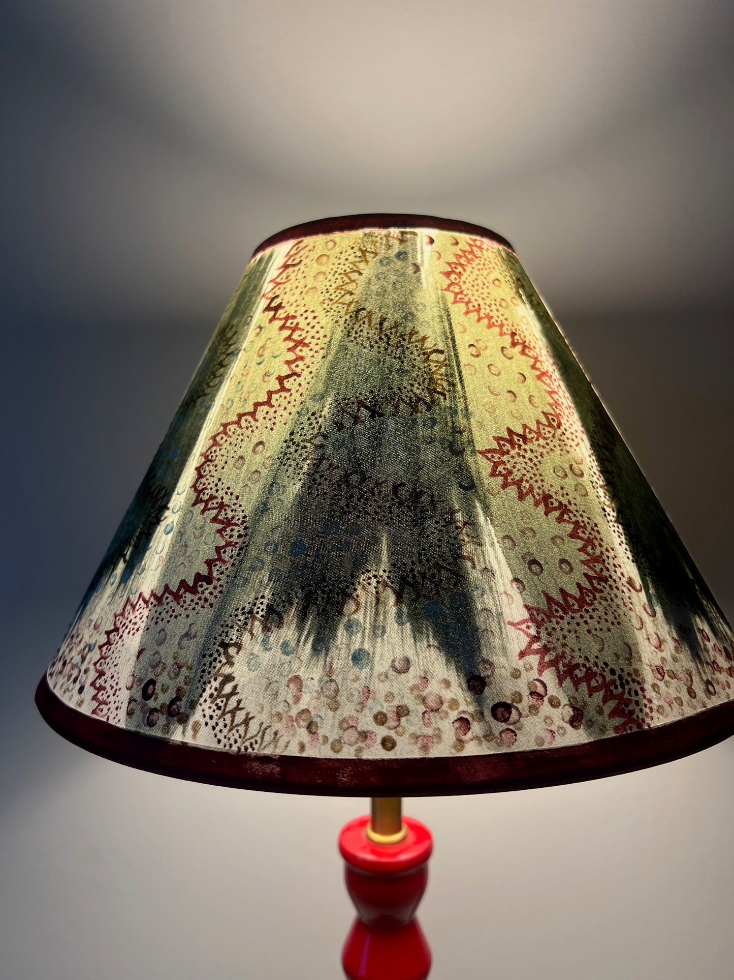 Painterly Folk Pattern Lampshade – Soft Green & Madder Red
