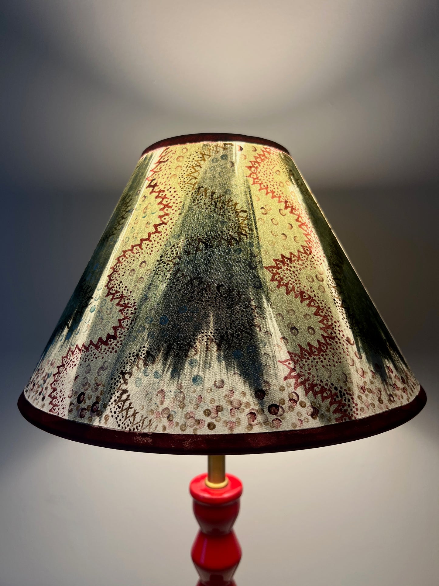 Painterly Folk Pattern Lampshade – Soft Green & Madder Red