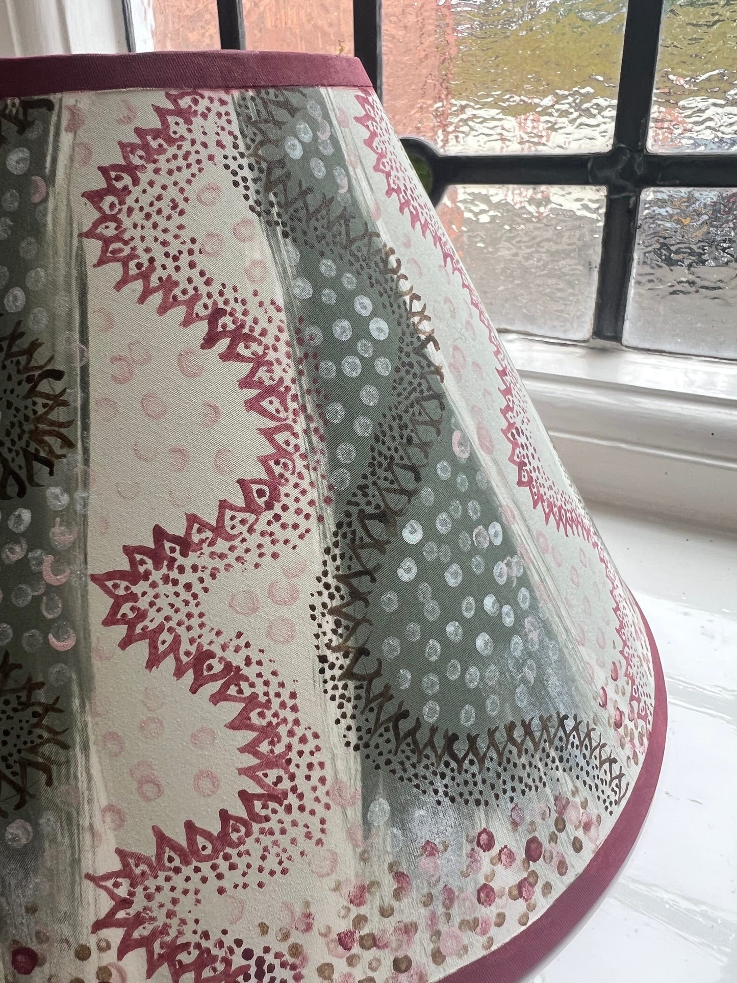 Painterly Folk Pattern Lampshade – Soft Green & Madder Red