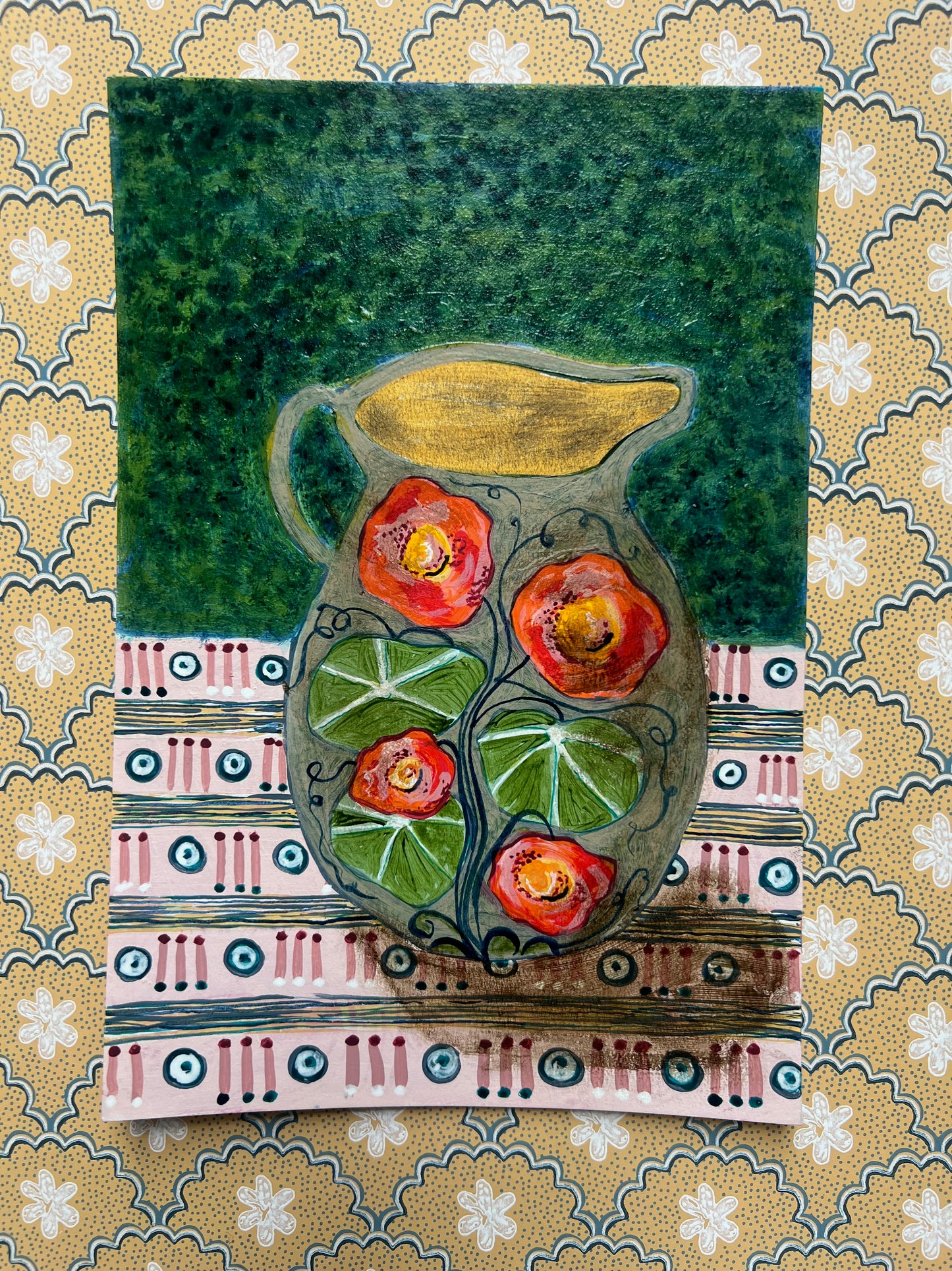 Jug with Nasturtiums on a patterned cloth -  Original Painting