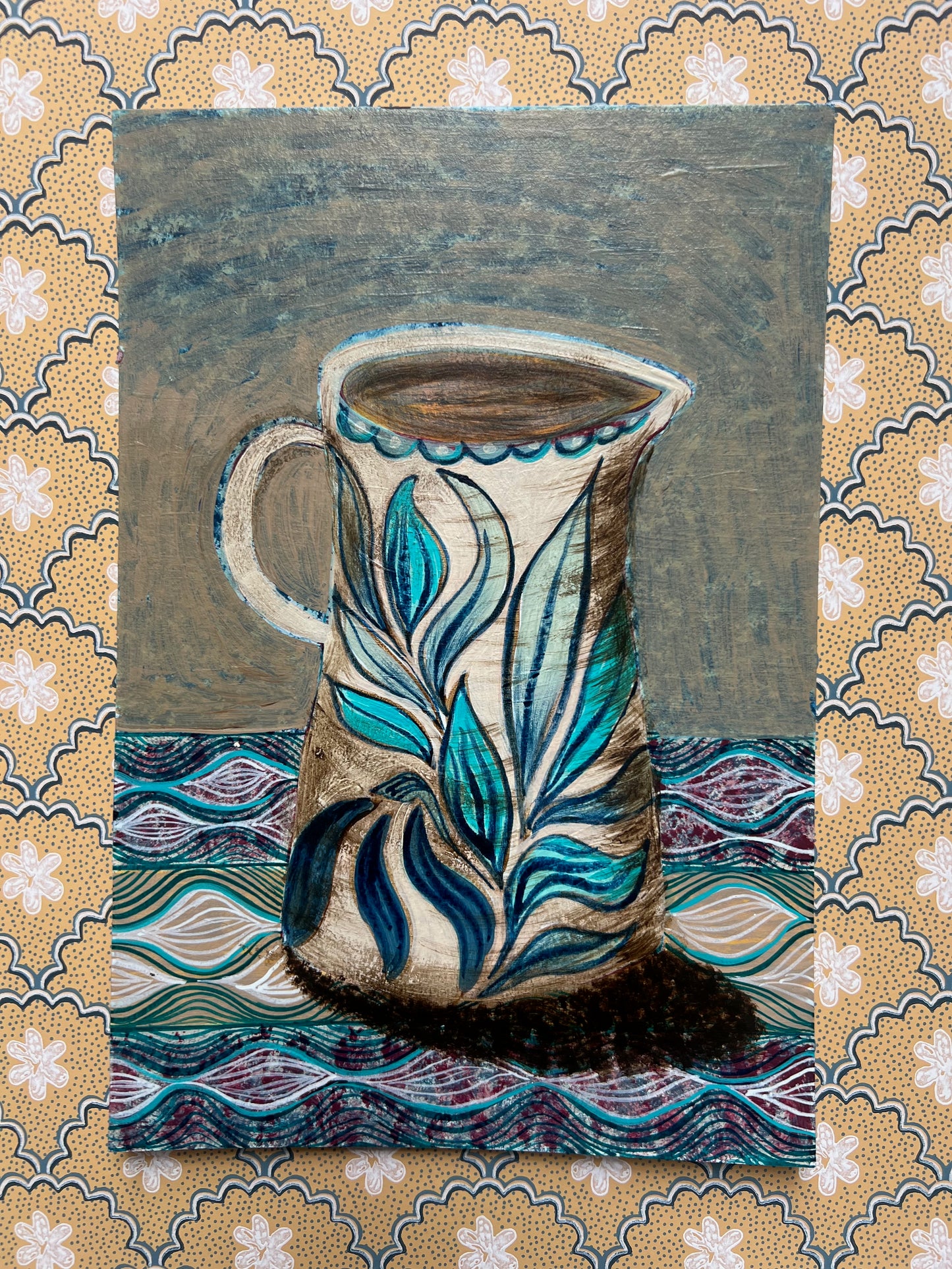 Blue Leaves Jug on a patterned cloth - Original Painting