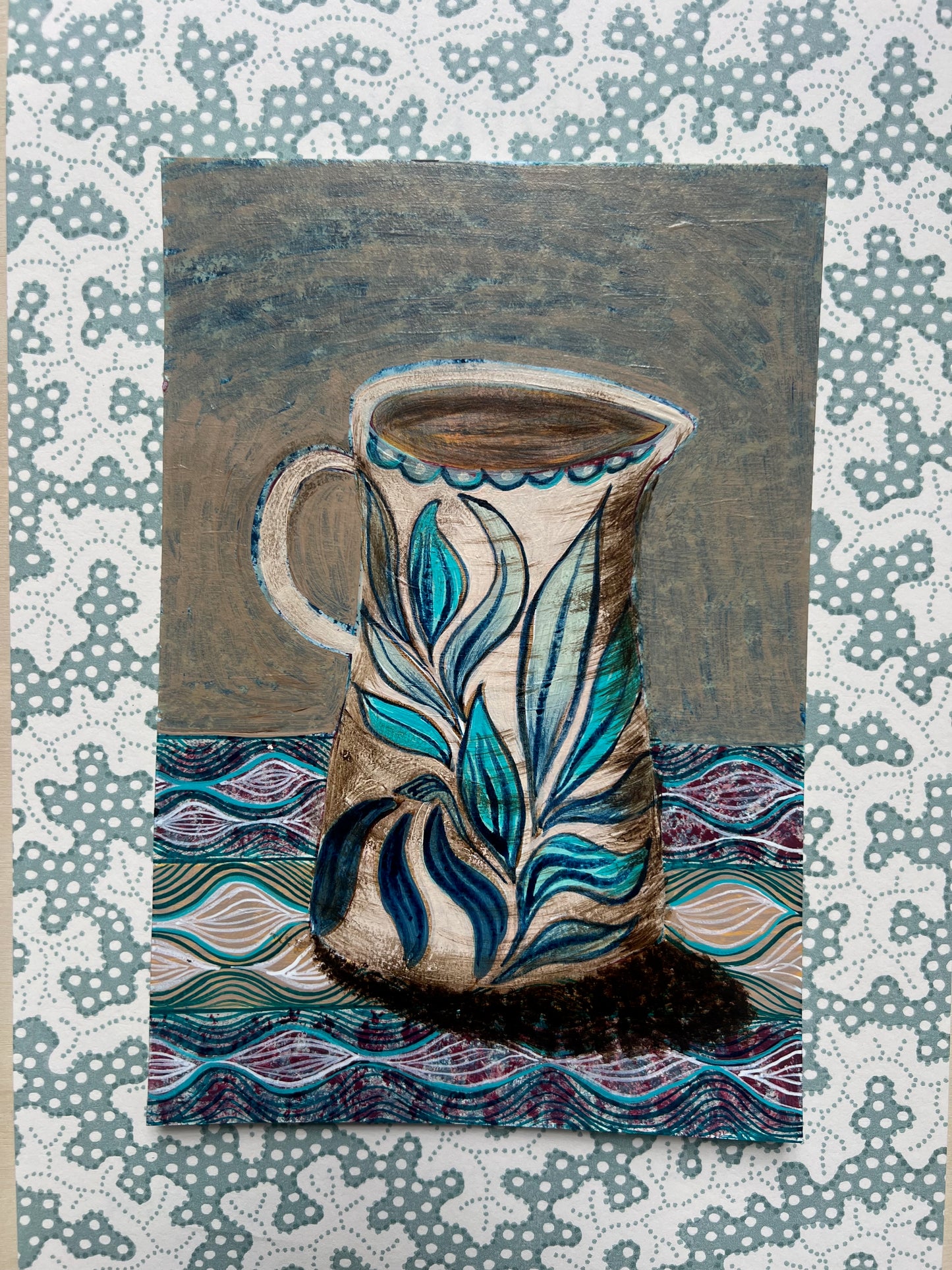 Blue Leaves Jug on a patterned cloth - Original Painting
