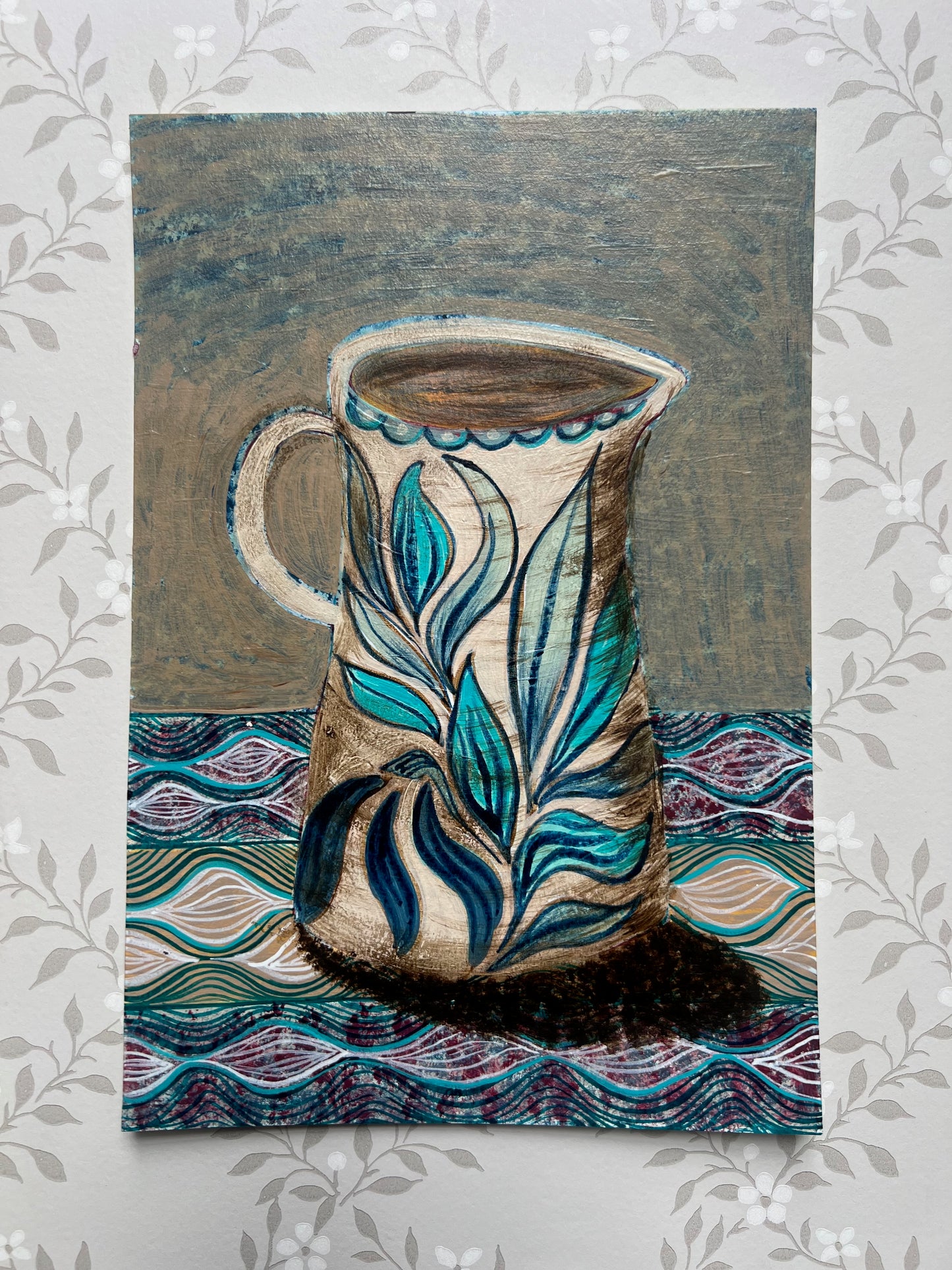 Blue Leaves Jug on a patterned cloth - Original Painting