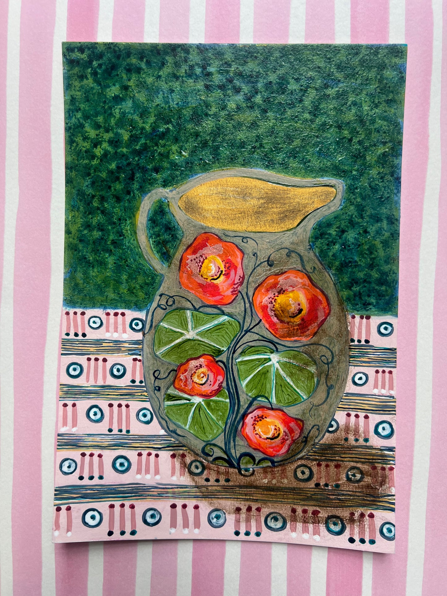 Jug with Nasturtiums on a patterned cloth -  Original Painting