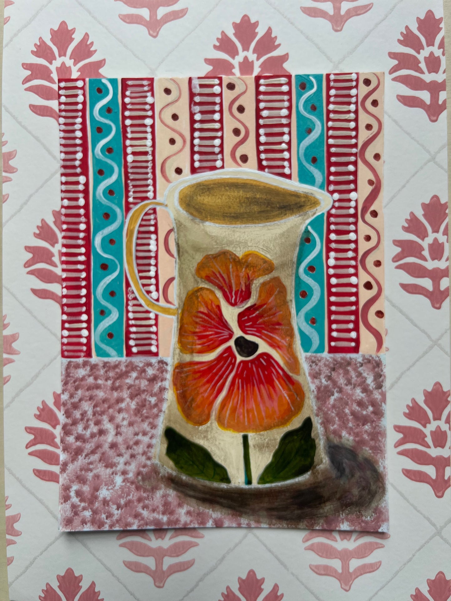 Pansy Jug with Stripy Wallpaper - Original Painting